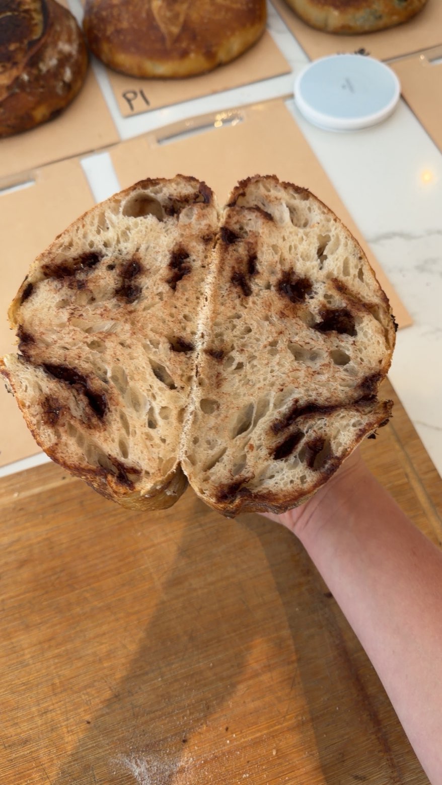 Chocolate sourdough loaf cut open to show the crumb